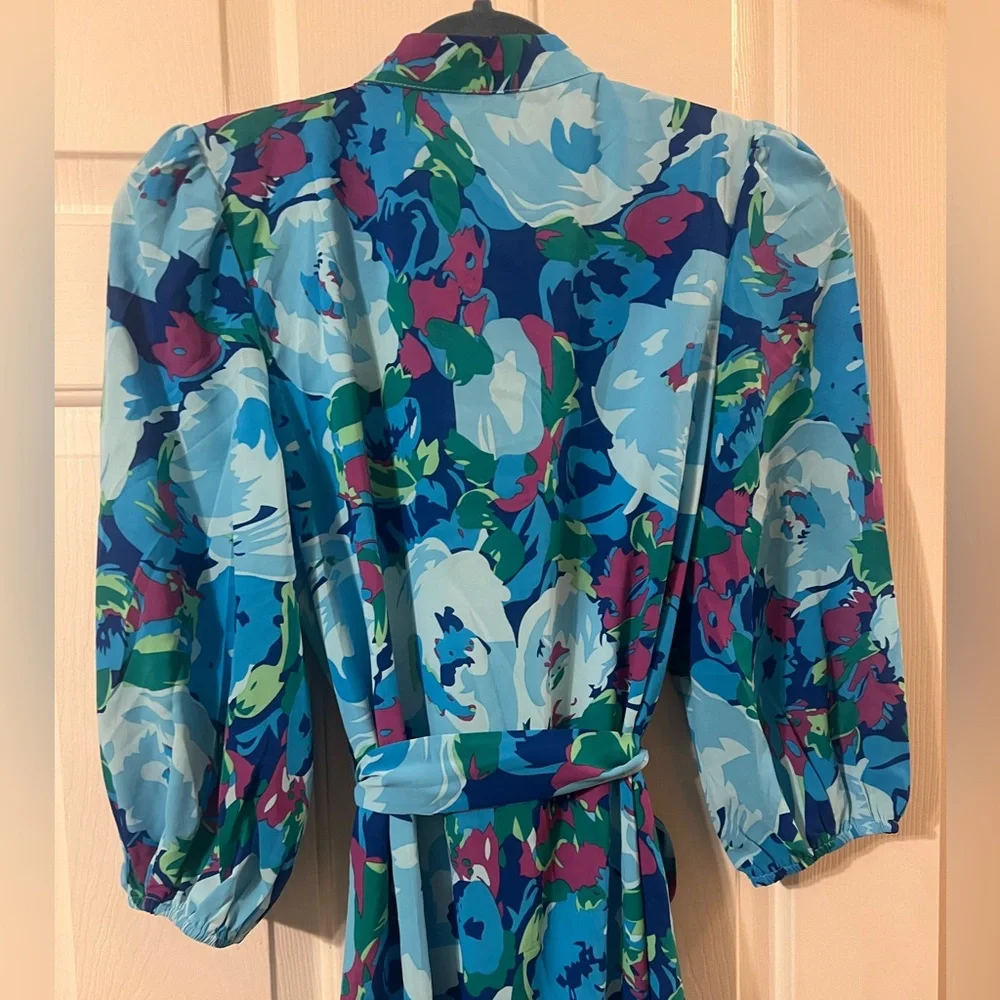 NWOT Blue Multicolor Floral Button Down 3/4 Puff Sleeve Easter Maxi Dress Small - Picture 11 of 12